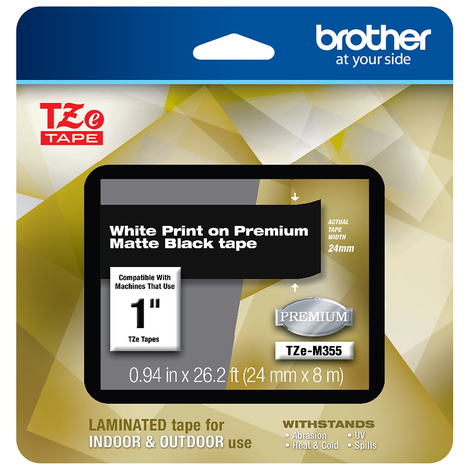 Brother P-touch TZe-M355 Laminated Premium Label Maker Tape, 1 x 26-2/10, White on Matte Black (TZe-M355)