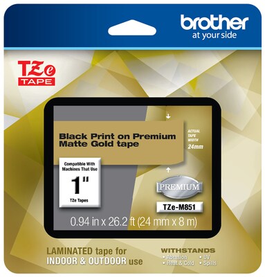 Brother P-touch TZe-M851 Laminated Premium Label Maker Tape, 1 x 26-2/10, Black on Matte Gold (TZe