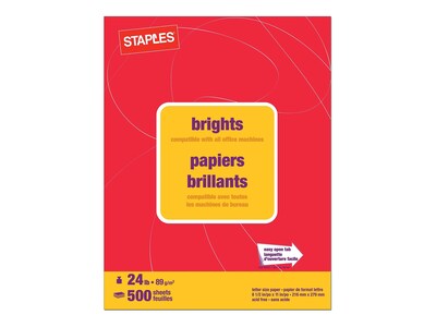 Staples Brights Multipurpose Colored Paper, 24 lb, 8.5" x 11", Red, 500/Ream, 10 Reams/Carton (20104A)