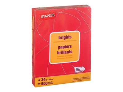 Staples Brights Multipurpose Colored Paper, 24 lb, 8.5" x 11", Red, 500/Ream, 10 Reams/Carton (20104A)
