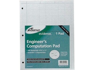 Ampad Engineering Computation Notepad, 8.5 x 11, Graph, Green Tint, 100 Sheets/Pad (TOP22-142)