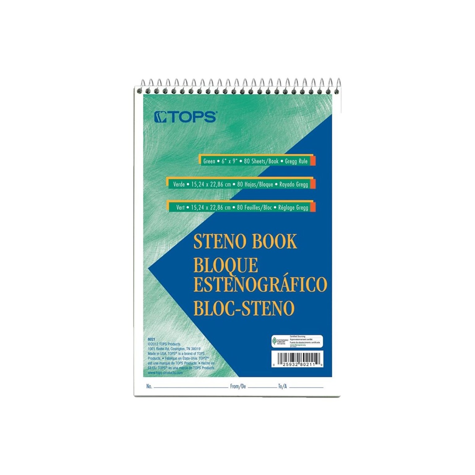 TOPS Steno Pad, 6 x 9, Gregg, Green Tint, 80 Sheets/Pad (TOP8021)