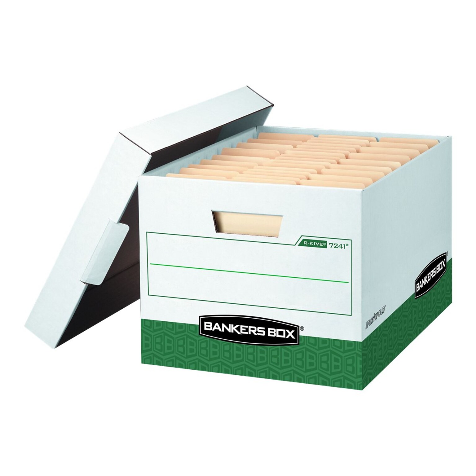 Bankers Box® R-Kive Heavy-Duty FastFold File Storage Boxes, Lift-Off Lid, Letter/Legal Size, White/Green, 12/Carton (07241)