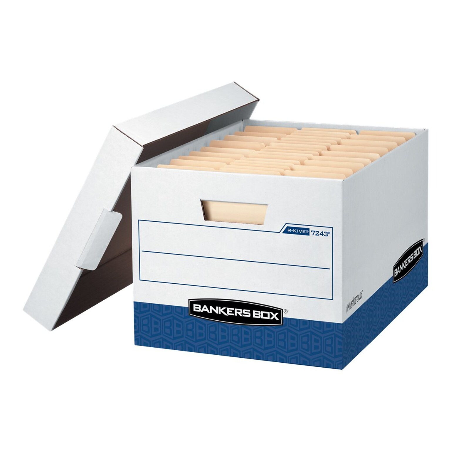 Bankers Box R-Kive® Heavy-Duty FastFold File Storage Boxes, Lift-Off Lid, Letter/Legal Size, White/Blue, 12/Carton (07243)