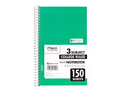 Mead 3-Subject Notebooks, 6 x 9.5, College Ruled, 150 Sheets, Assorted Colors, 12/Carton (06900CT)