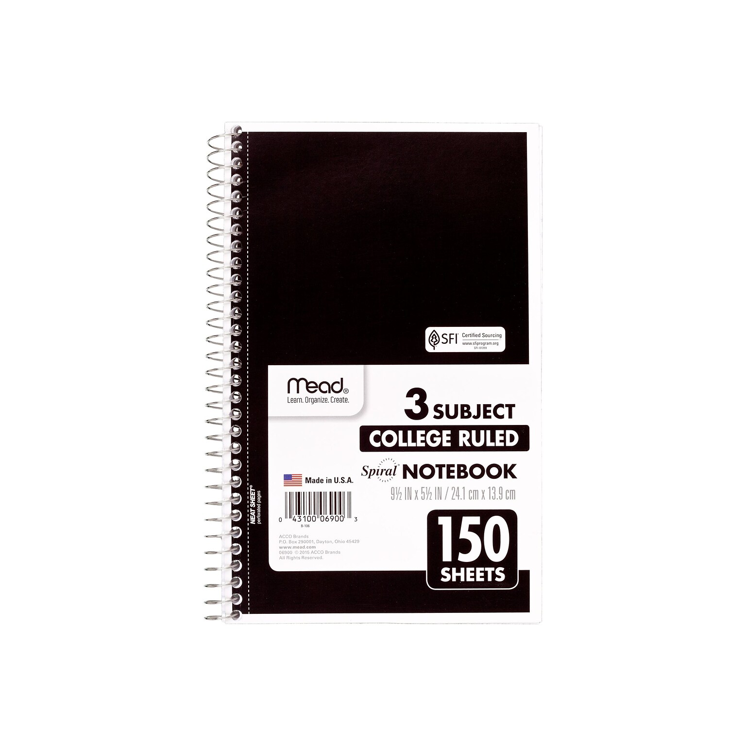 Mead 3-Subject Notebooks, 6 x 9.5, College Ruled, 150 Sheets, Assorted Colors, 12/Carton (06900CT)