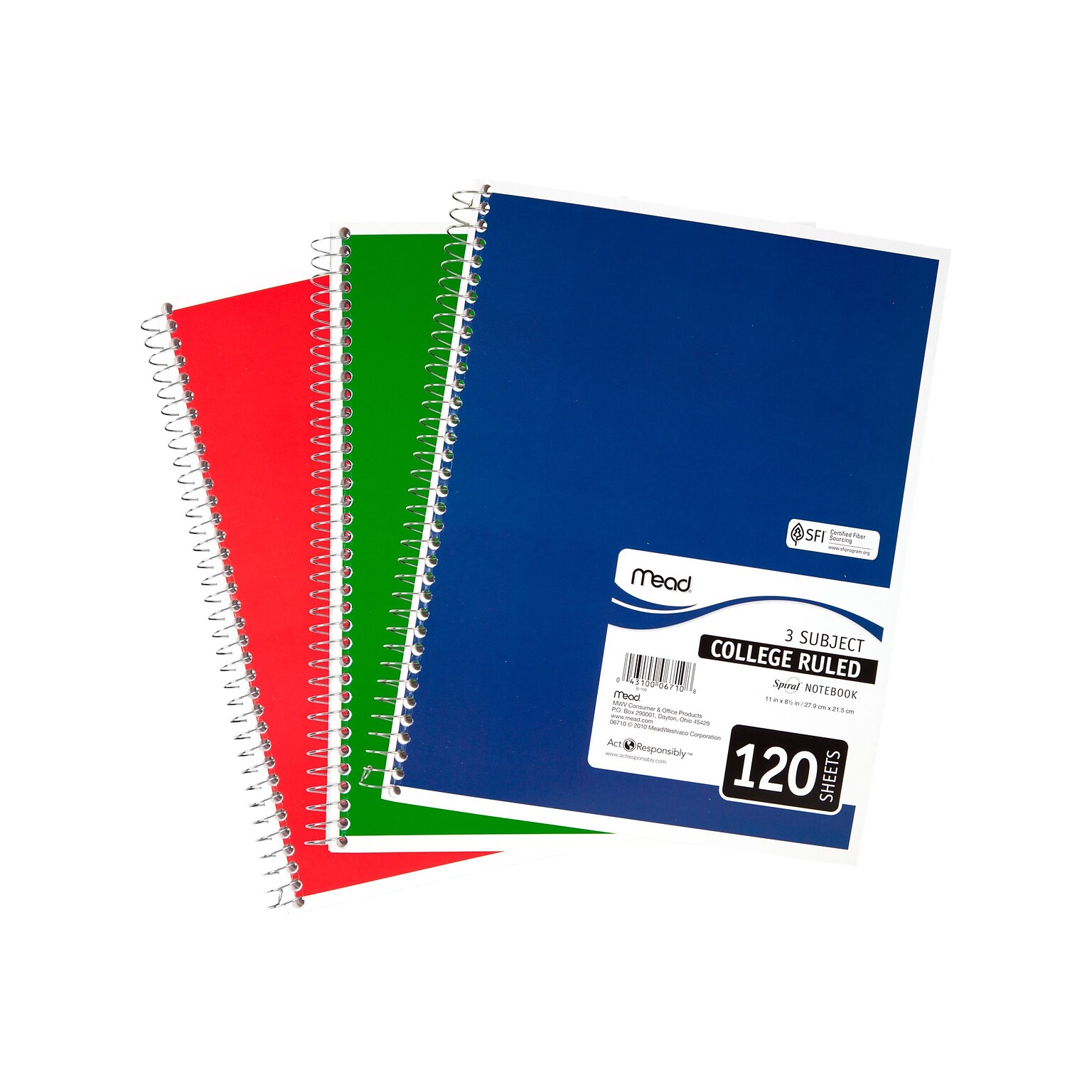 Mead Spiral 3-Subject Notebooks, 8.5 x 11, College Ruled, 120 Sheets, Assorted Colors, Each (06710)