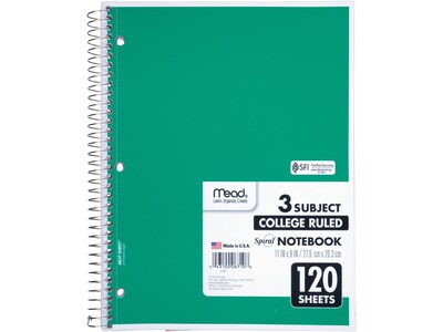 Mead Spiral 3-Subject Notebooks, 8.5" x 11", College Ruled, 120 Sheets, Assorted Colors, Each (06710)