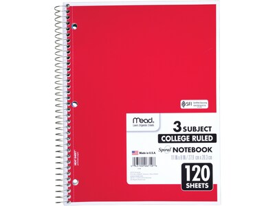 Mead Spiral 3-Subject Notebooks, 8.5" x 11", College Ruled, 120 Sheets, Assorted Colors, Each (06710)