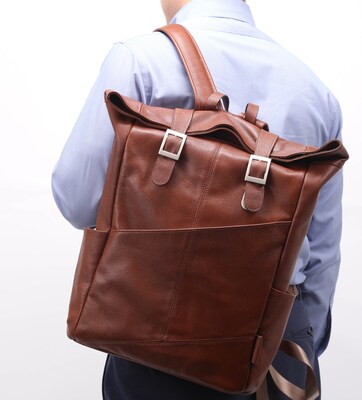 Mcklein Leather Dual Access Laptop Backpack, Kennedy, Pebble Grain Calfskin Leather, Brown (88734)