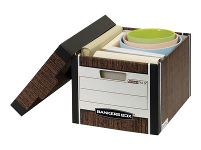 Bankers Box R-Kive® Heavy-Duty FastFold File Storage Boxes, Lift-Off Lid, Letter/Legal Size, Woodgrain, 12/Carton (00725)