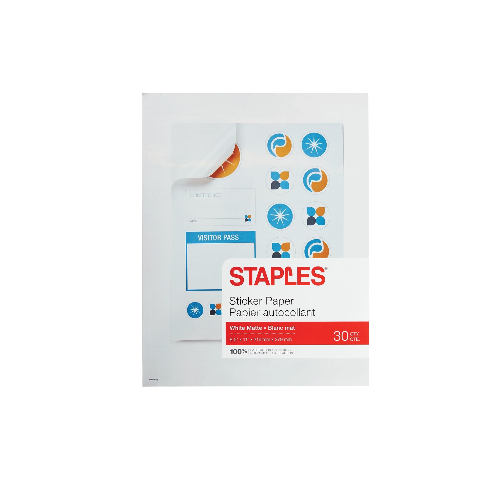 Staples Sticker Paper, 8.5 x 11, White Matte, 30/Pack (70972)