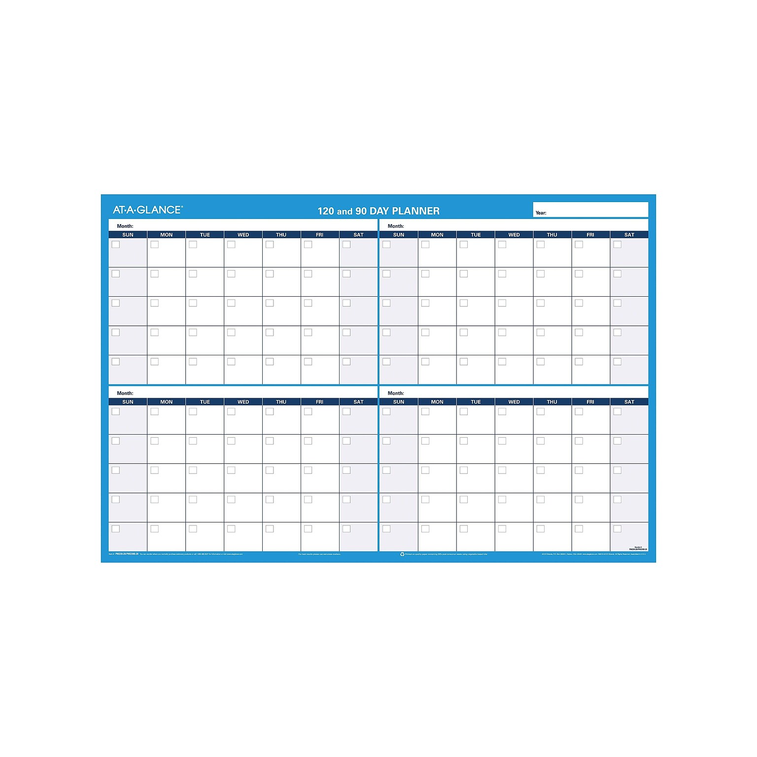 AT-A-GLANCE 90-120 Day 24H x 36W Dry Erase Monthly Wall Calendar, Reversible, Blue (PM239 28)