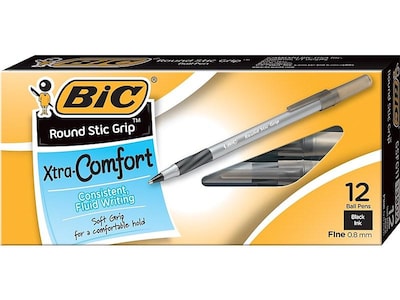 BIC Round Stic Grip Xtra Comfort Ballpoint Pens, Fine Point, 0.8mm, Black Ink, Dozen (13902)