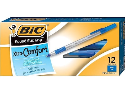 BIC Round Stic Grip Xtra Comfort Ballpoint Pens, Fine Point, Blue Ink, Dozen (13903)