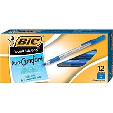 BIC Round Stic Grip Xtra Comfort Ballpoint Pens, Fine Point, Blue Ink, Dozen (13903)