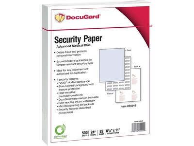 Paris DocuGard Advanced 8.5 x 11 Medical Security Paper, 24 lbs., Blue, 500 Sheets/Ream, 2500/Cart