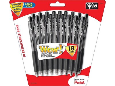 Pentel WOW! Retractable Ballpoint Pens, Medium Point, Black Ink, 18 Pack (BK440BP18A)