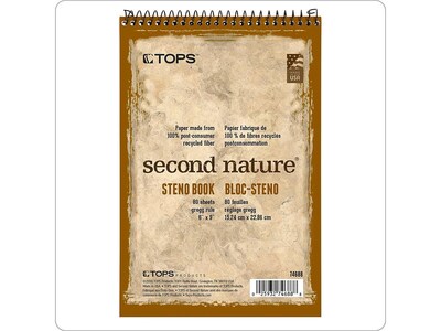 TOPS Second Nature Steno Pad, 6 x 9, Gregg Ruled, White, 80 Sheets/Pad (TOP 74688)