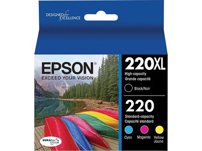 Epson T220 Black High Yield and Cyan/Magenta/Yellow Standard Yield Ink Cartridge, 4/Pack   (T220XL-B