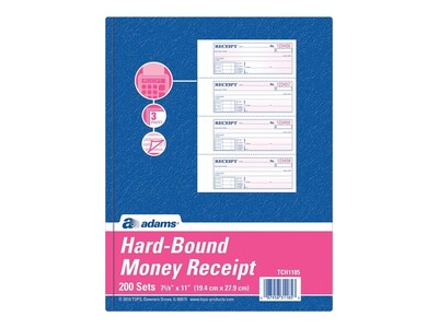 Adams 3-Part Carbonless Receipts Hardbound Book, 2.75"L x 7"W, 200 Forms/Hardbound Book (TCH1185)