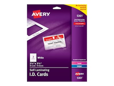 Avery Self-Laminating ID Cards, Matte White, 2.25 x 3.5, Inkjet/Laser, 30/Pack (05361)