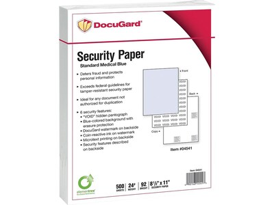 Paris DocuGard Standard 8.5 x 11 Medical Security Paper, 24 lbs., Blue, 500 Sheets/Ream, 2500/Cart