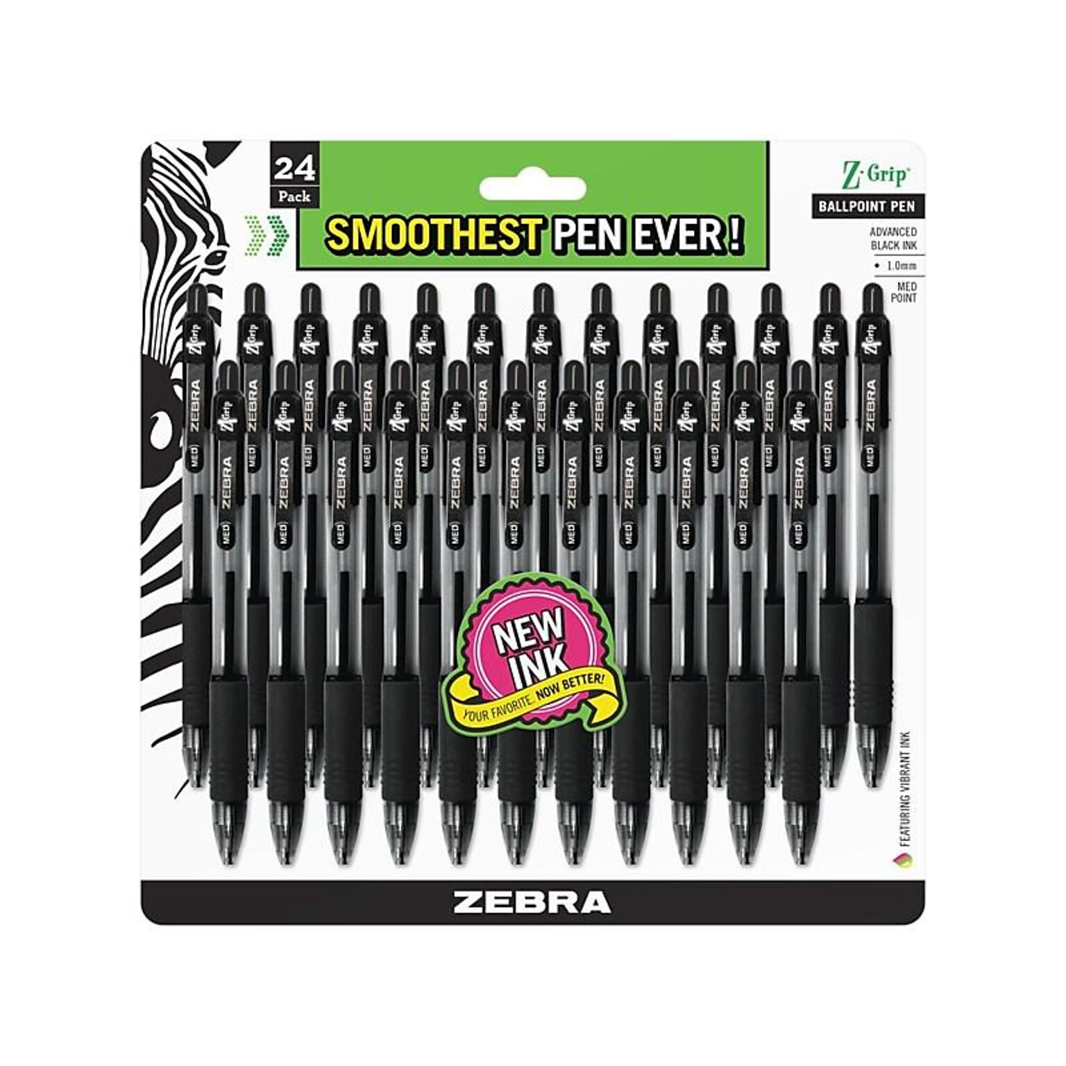 Zebra Z-Grip Retractable Ballpoint Pen, Medium Point, 1.0mm, Black Ink, 24 Pack (12221)