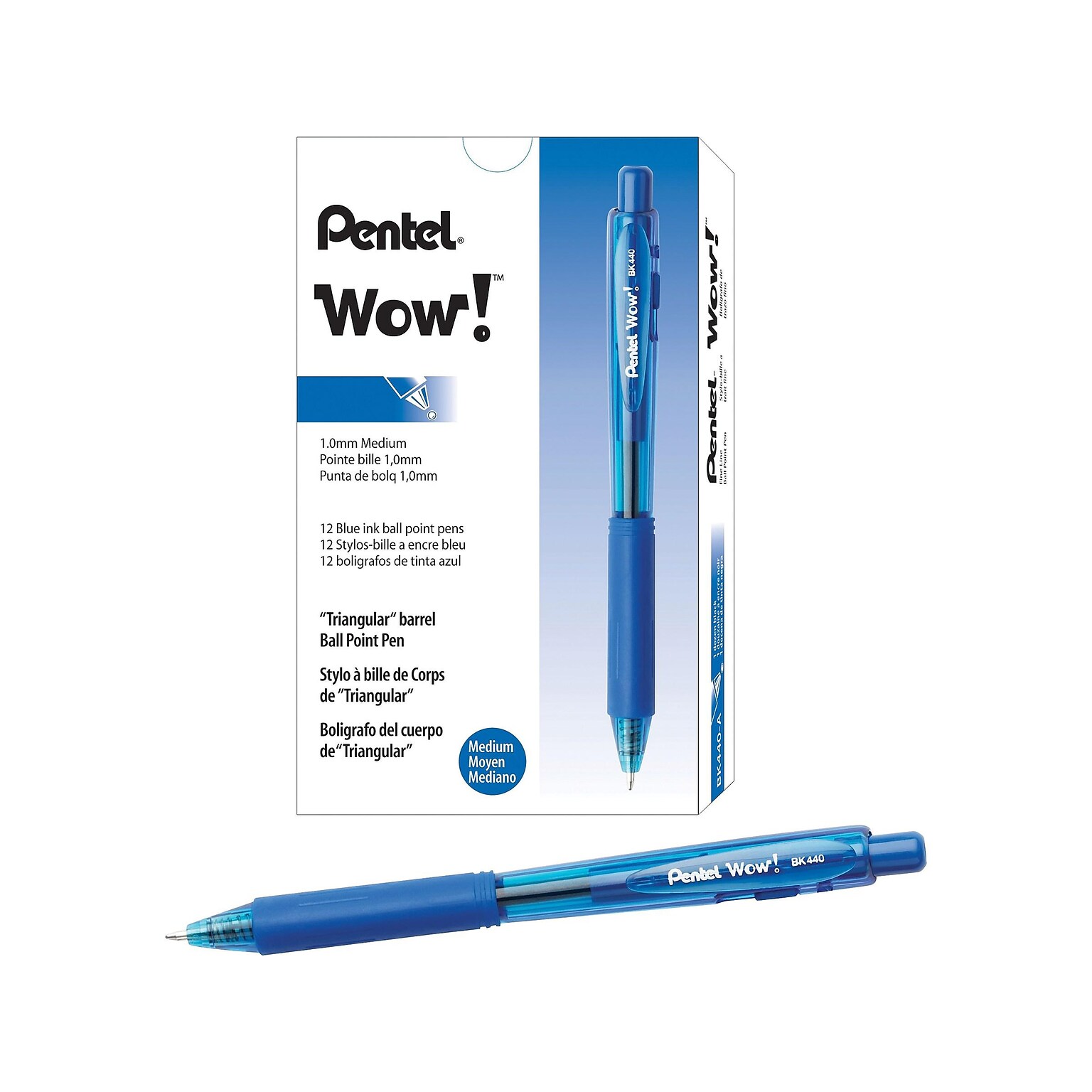 Pentel WOW! Retractable Ballpoint Pens, Medium Point, Blue Ink, 12/Pack (BK440-C)