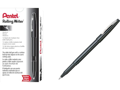 Pentel Rolling Writer Rollerball Pens, Medium Point, Black Ink, 12/Pack (R100-A)