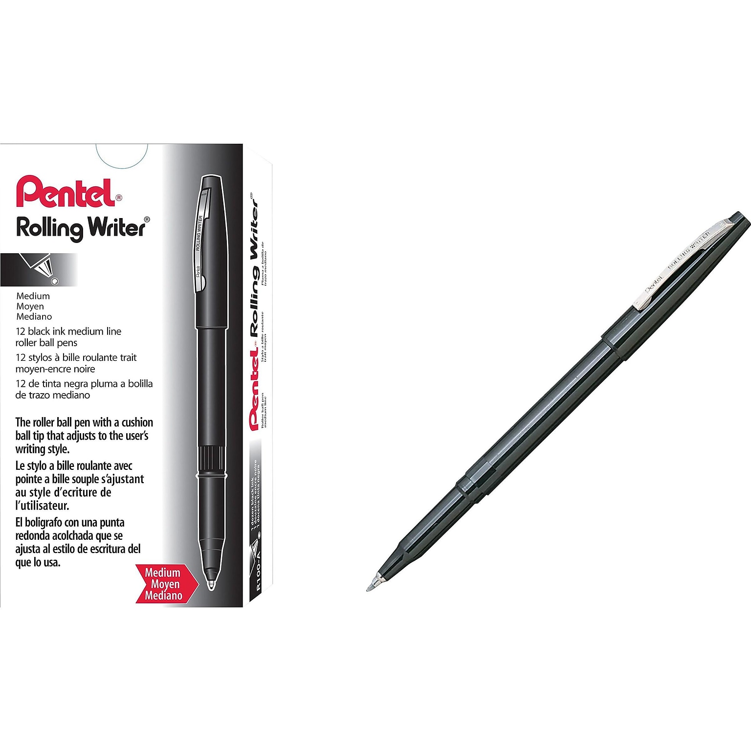 Pentel Rolling Writer Rollerball Pens, Medium Point, Black Ink, 12/Pack (R100-A)