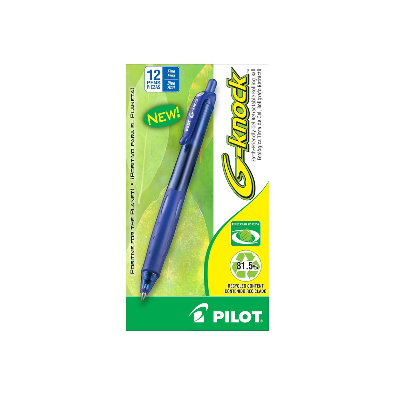 Pilot G-Knock BeGreen Retractable Gel Pens, Fine Point, Blue Ink, Dozen (31507)