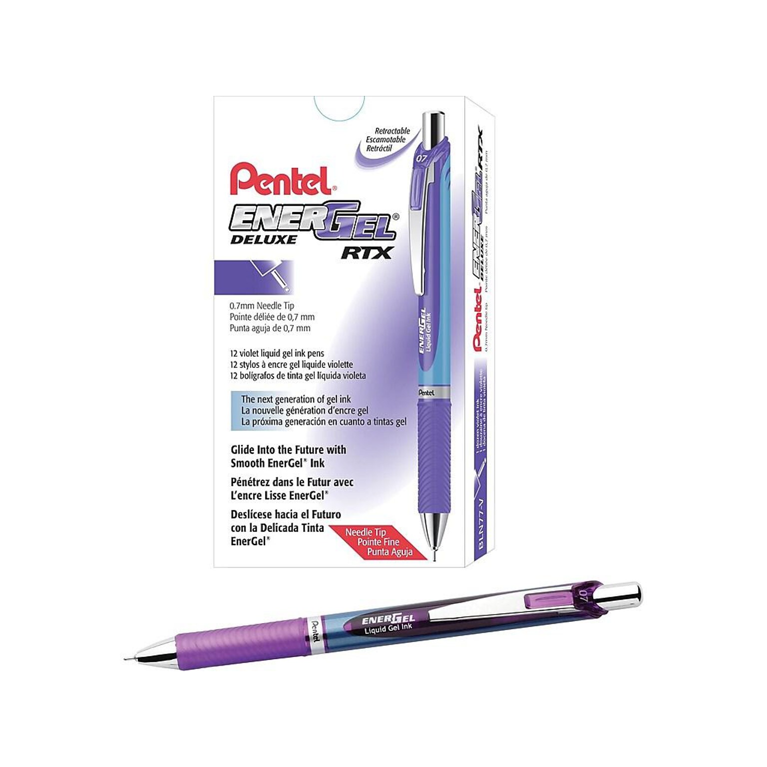Pentel EnerGel Deluxe RTX Retractable Gel Pens, Medium Point Needle Tip, Purple Ink, 12/Pack (BLN77-V)