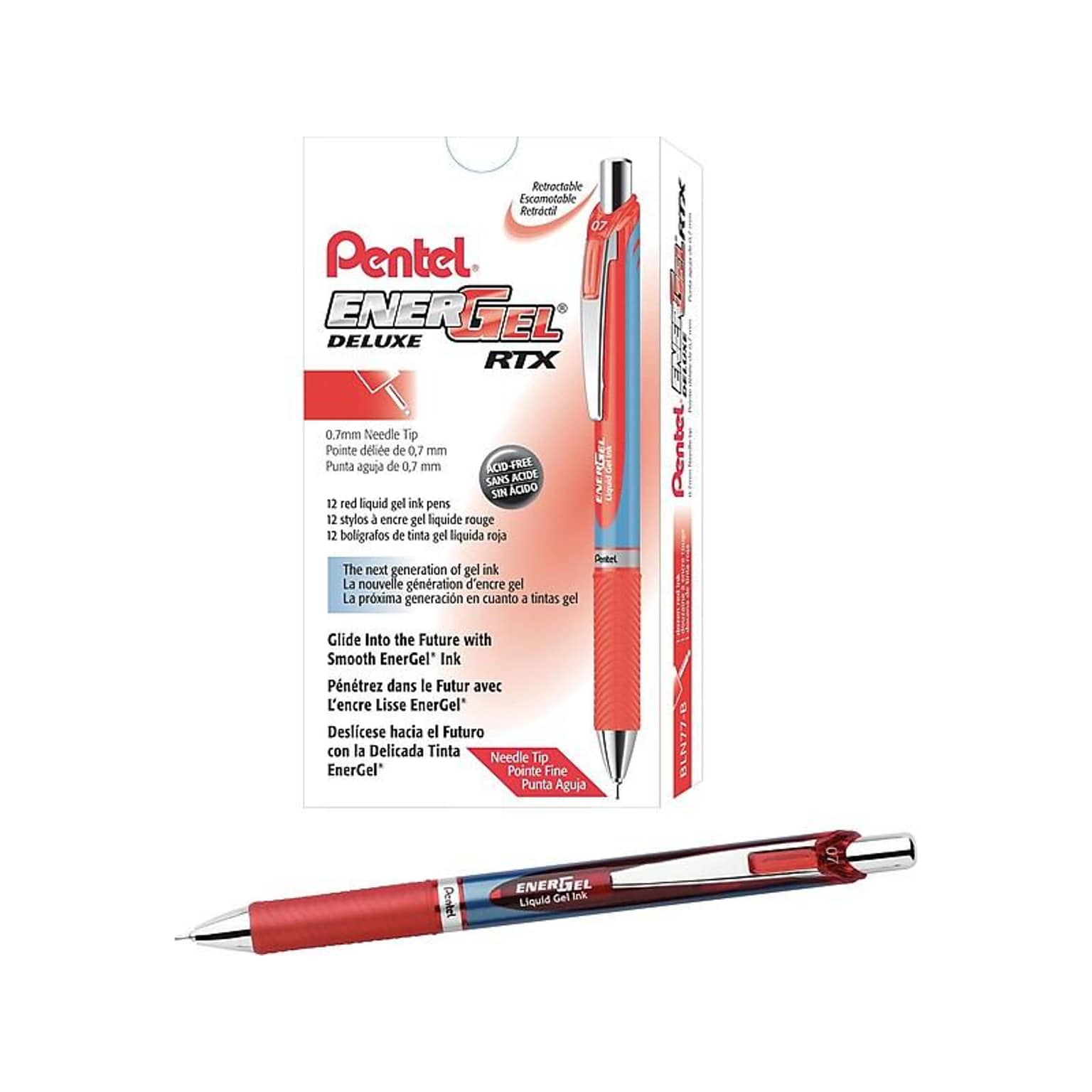Pentel EnerGel RTX Retractable Gel Pens, Needle Tip Medium Point, Red Ink, 12/Pack (BLN77-B)