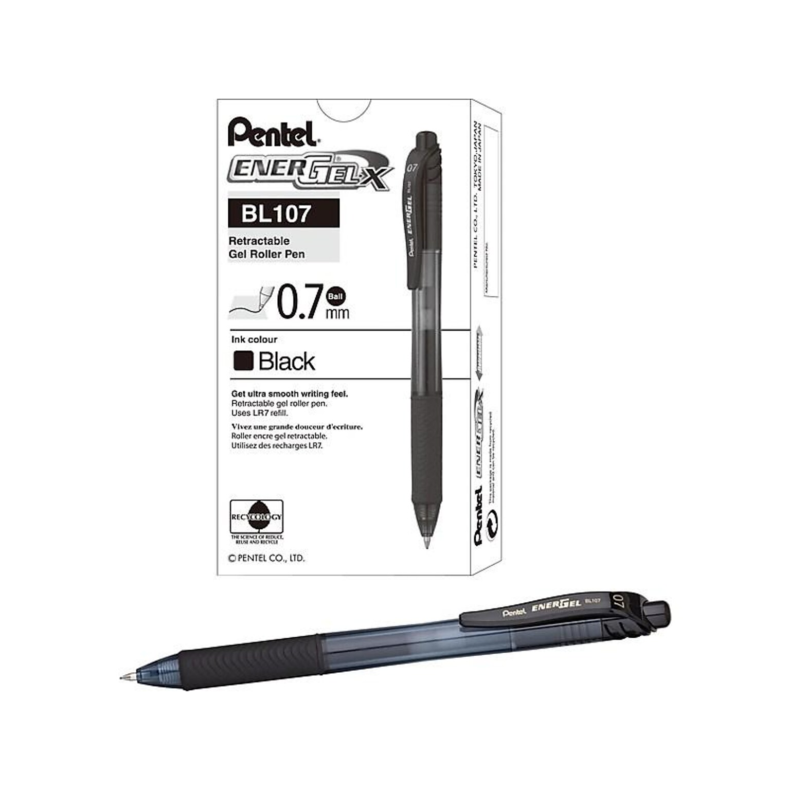 Pentel EnerGel-X Retractable Gel Pens, Medium Point, Black Ink, 12/Pack (BL107-A)