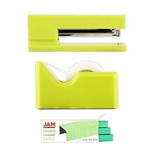 JAM Paper® Office & Desk Sets, 1 Lime Green Tape Dispenser, 1 Lime Green Stapler & 1 Pack of Green S