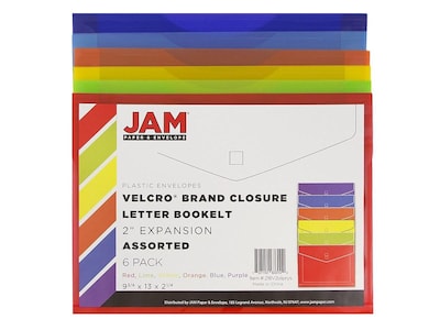 JAM Paper Plastic Envelopes with Hook & Loop Closure, 2" Expansion, Letter Size, Assorted Colors, 6/Pack (218V2OLIPRYS)