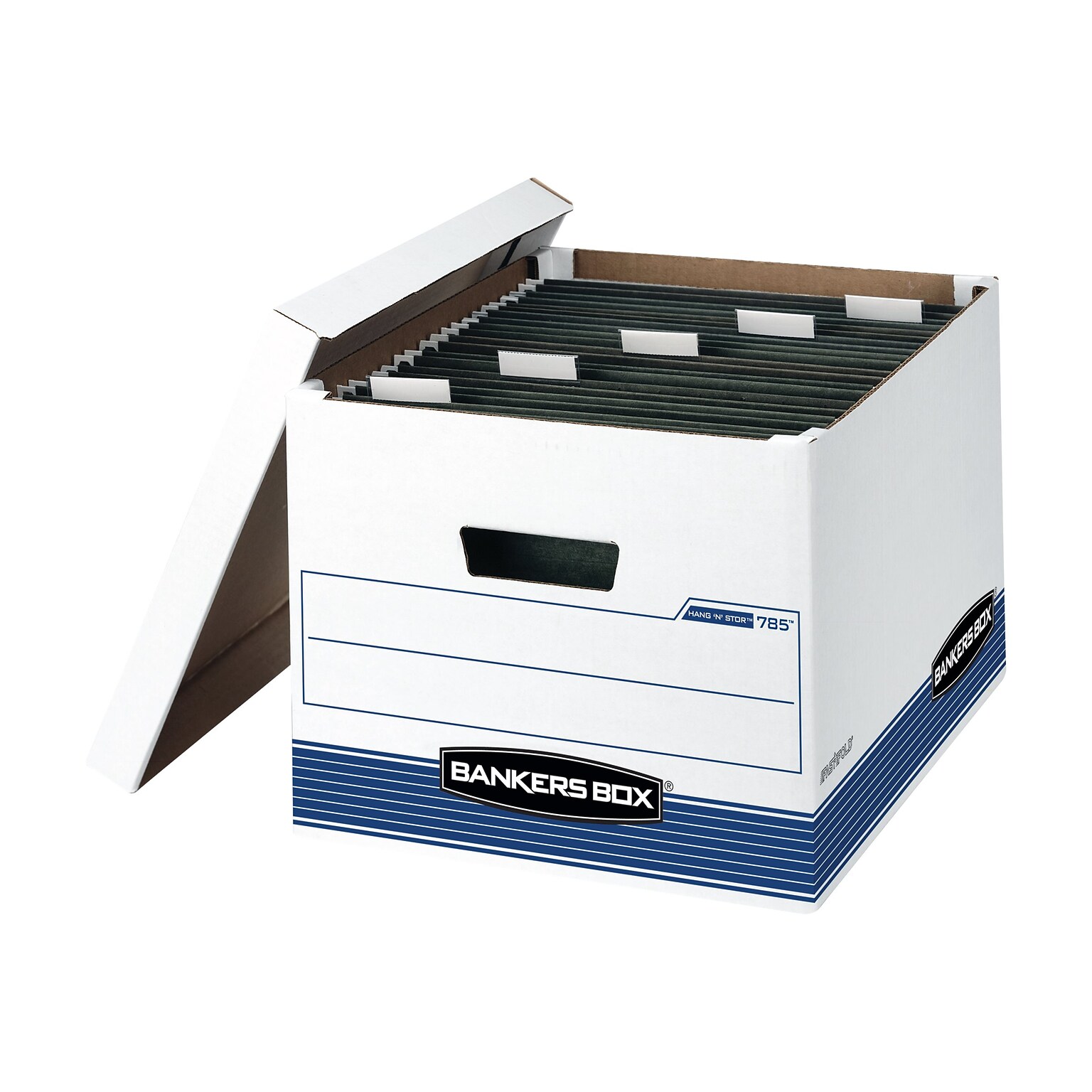 Bankers Box Medium-Duty FastFold Corrugated File Boxes, Lift-off Lid, Letter/Legal Size, White/Blue, 4/Carton (00785)