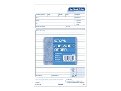 TOPS Job 3-Part Carbonless Work Orders, 8.62L x 5.67W, 50 Sets/Book (3868)