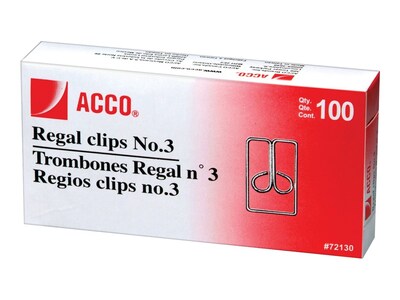 ACCO Regal Paper Clips, #3, Silver, 100/Box (72130)