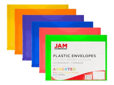 JAM Paper Poly Envelope with Hook & Loop Closure, 1" Expansion, Letter Size, Assorted Colors, 6/Pack (218V1RGBYPOR)