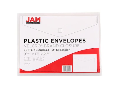 JAM Paper Poly Envelope with Hook & Loop Closure, 2" Expansion, Letter Size, Clear, 12/Pack (218V2CL)