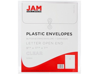 JAM Paper Poly Envelope Button & String Tie Closure, 1" Expansion, Letter Size, Clear, 12/Pack (118B1CL)