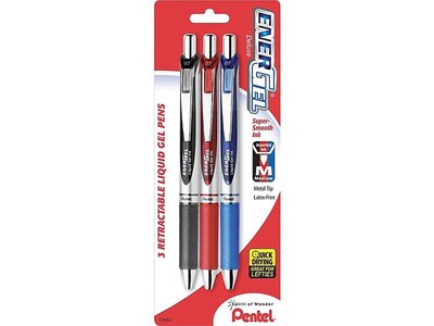 Pentel EnerGel Deluxe RTX Retractable Gel Pens, Medium Point, Assorted Ink, 3 Pack (BL77BP3M)