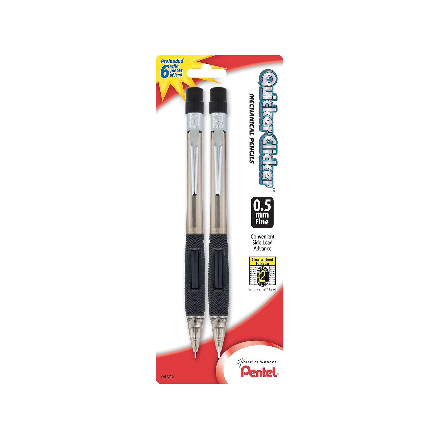 Pentel Quicker-Clicker Mechanical Pencil, 0.5mm, #2 Medium Lead, 2/Pack (PD345BP2-K6)