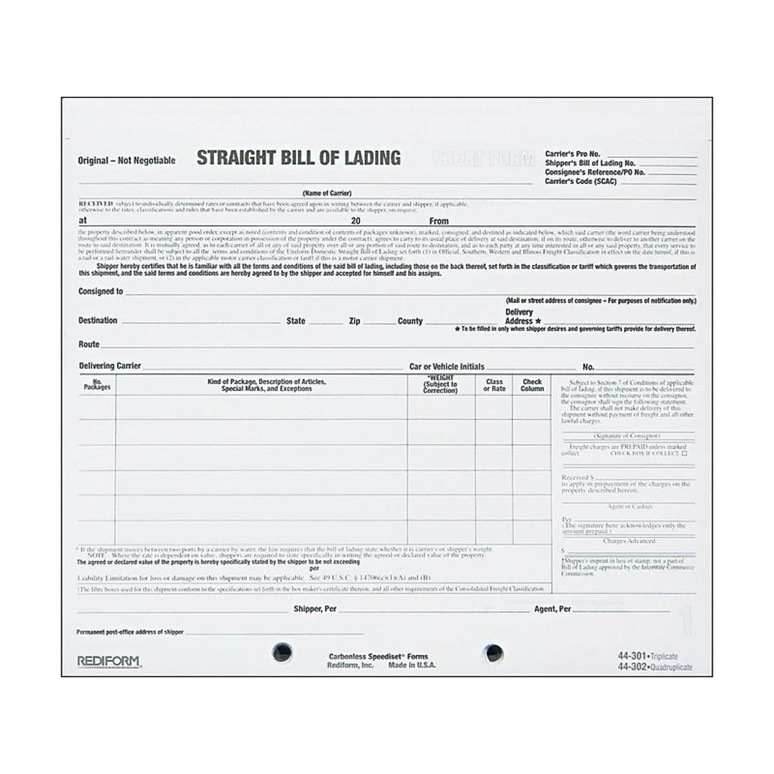 Rediform Snap-A-Way 3-Part Carbonless Bill of Lading, 7L x 8.5W, 250 Sets/Book (44301)