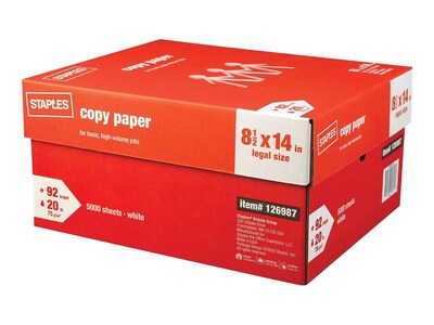 Staples Copy Paper, 8.5 x 14, 20 lbs., White, 500 Sheets/Ream, 10 Reams/Carton (221193)