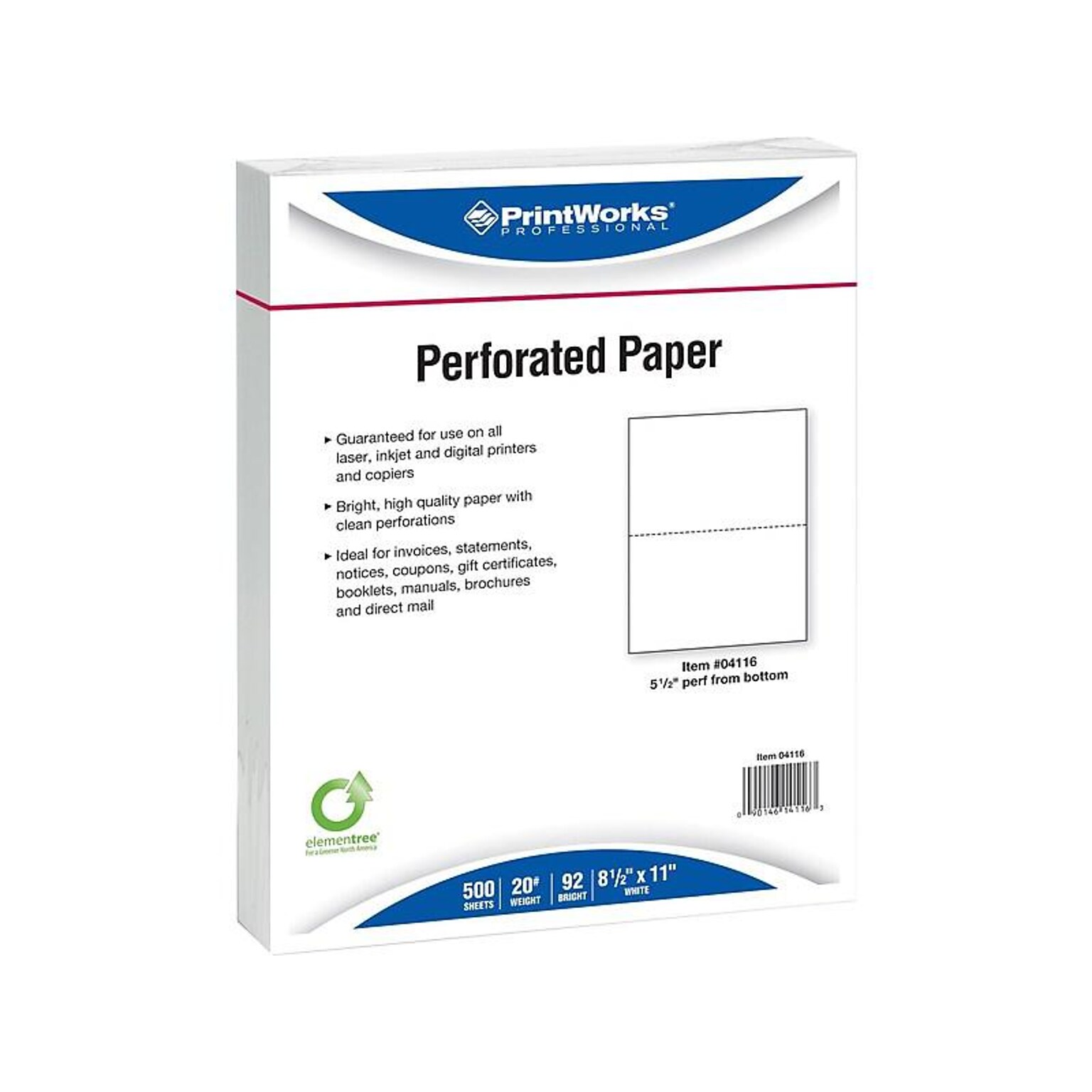Printworks® Professional 8.5 x 11 Perforated Paper, 20 lbs., 92 Brightness, 2500 Sheets/Carton (04116)