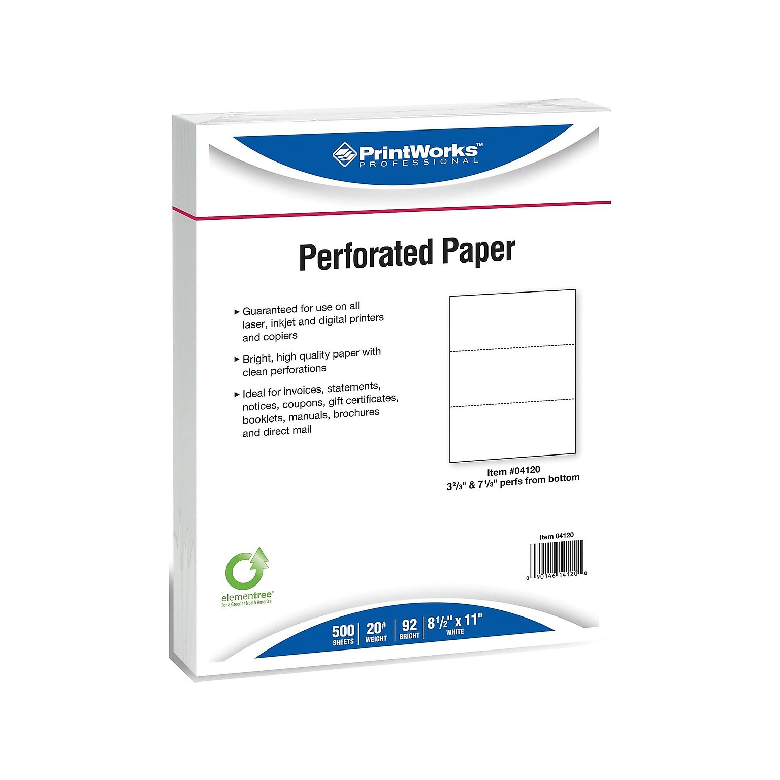 Printworks® Professional 8.5 x 11 Perforated Paper, 20 lbs., 92 Brightness, 2500 Sheets/Carton (04120)