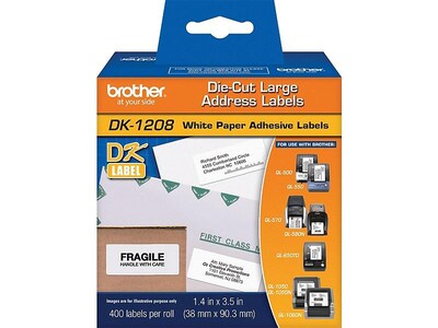 Brother DK-1208 Large Address Paper Labels, 3-1/2 x 1-4/10, Black on White, 400 Labels/Roll (DK-12